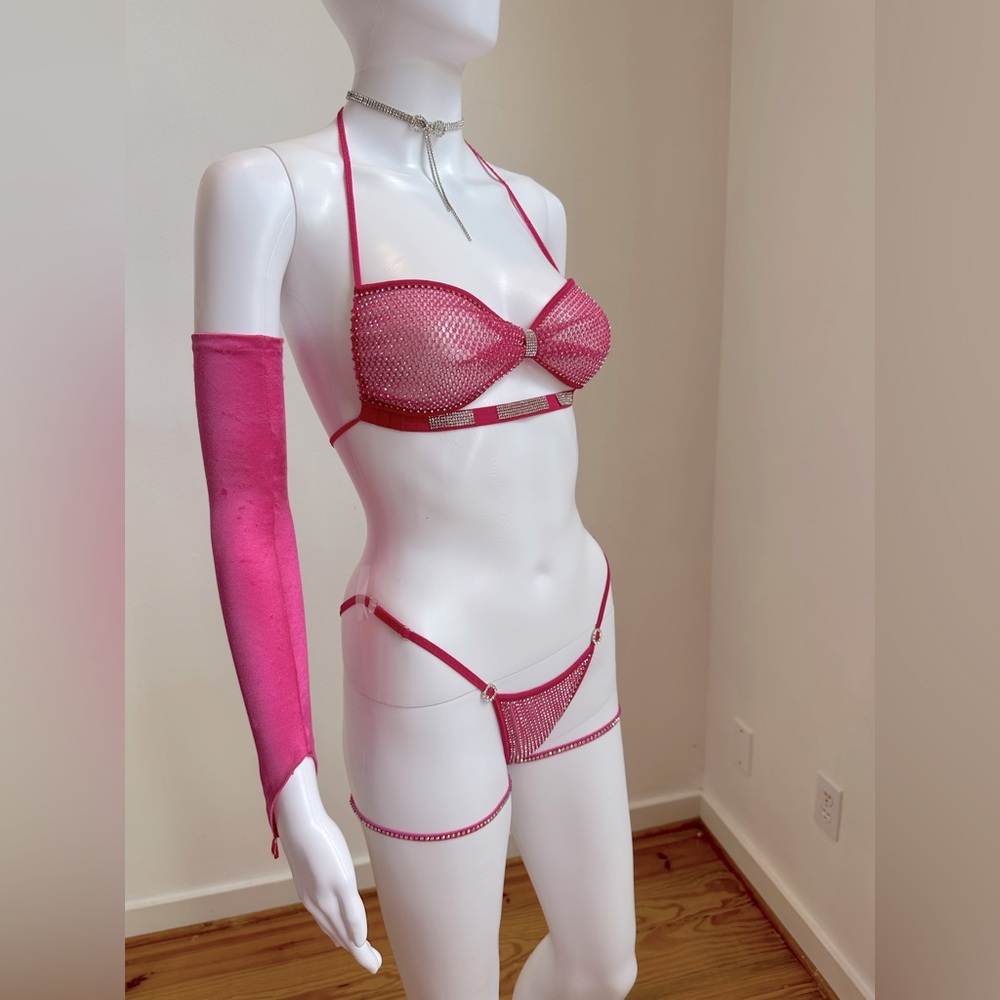 Barbie Rhinestone Pink Bow Bra 🎀 thong set Custom, Handmade, XS
